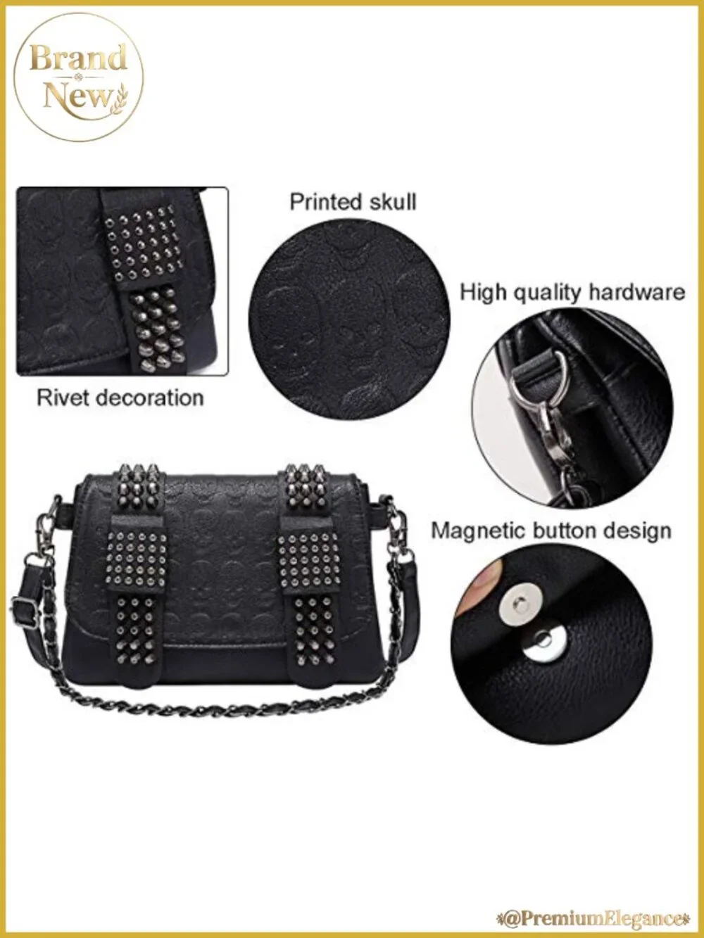 Goth Skull Rivet Shoulder Bag Satchel PU Leather Chain Tote Purse